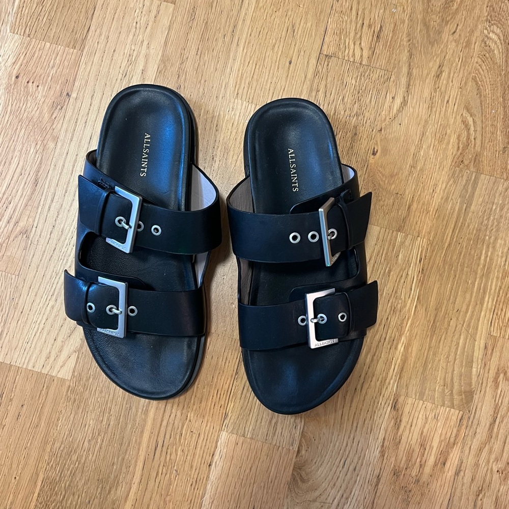 All Saints Black Sandals with Silver Buckles